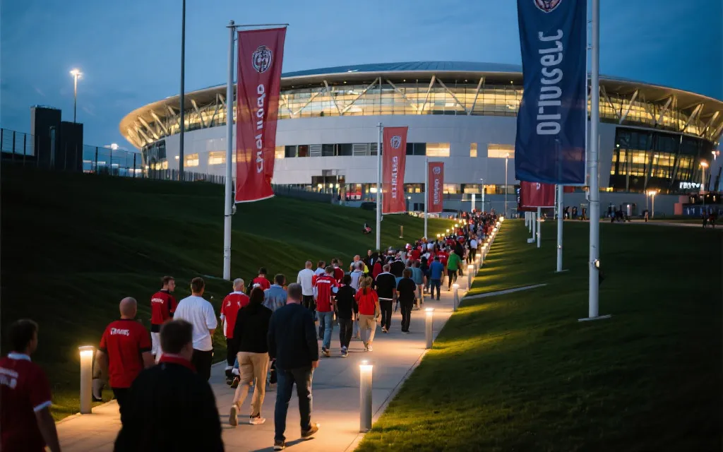 世界杯决赛球迷在球场外的步行动线与灯光氛围示意